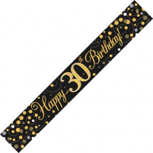 Sparkling Black & Gold 30th Holographic Birthday Banner